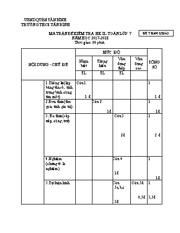 Đề kiểm tra học kì II môn Toán Lớp 7 - Năm học 2017-2018 - Trường THCS Tân Bình (Có đáp án)