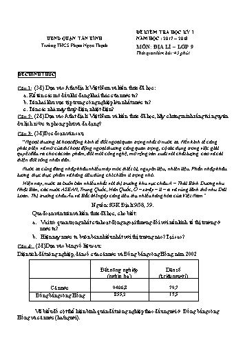 Đề kiểm tra học kỳ I môn Địa lí Lớp 9 - Năm học 2017-2018 - Trường THCS Phạm Ngọc Thạch (Có đáp án)