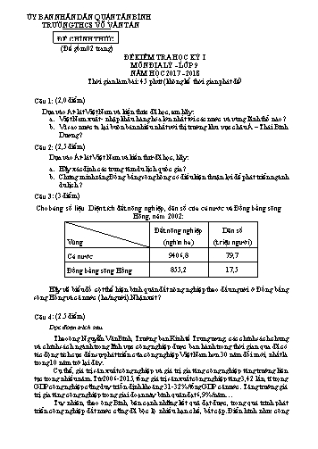 Đề kiểm tra học kỳ I môn Địa lý Lớp 9 - Năm học 2017-2018 - Trường THCS Võ Văn Tần (Có đáp án)