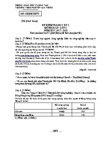 Đề kiểm tra học kỳ I môn Địa lý Lớp 9 - Năm học 2017-2018 - Trường THCS Nguyễn Gia Thiều (Có đáp án)