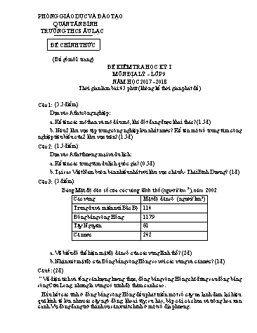 Đề kiểm tra học kỳ I môn Địa lý Lớp 9 - Năm học 2017-2018 - Trường THCS Âu Lạc (Có đáp án)