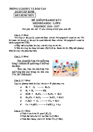 Đề kiểm tra học kỳ I môn Hóa học 8 - Năm học 2016-2017 - Phòng GD&ĐT Tân Bình (Có đáp án)