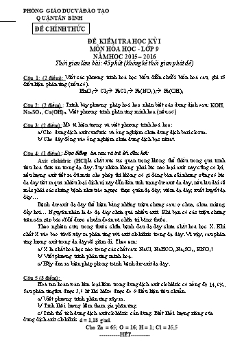 Đề kiểm tra học kỳ I môn Hóa học 9 - Năm học 2015-2016 - Phòng GD&ĐT Tân Bình (Có đáp án)