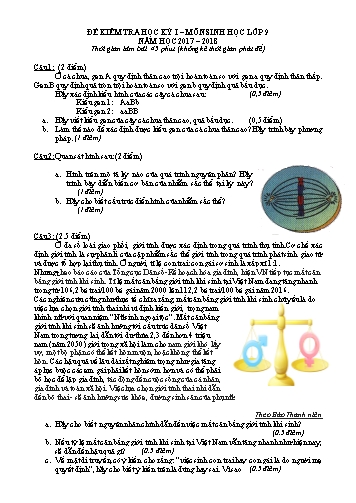 Đề kiểm tra học kỳ I môn Sinh học 9 - Năm học 2017-2018 (Có đáp án)