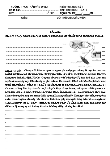 Đề kiểm tra học kỳ I môn Sinh học Lớp 8 - Năm học 2017-2018 - Trường THCS Trần Văn Đang (Có đáp án)