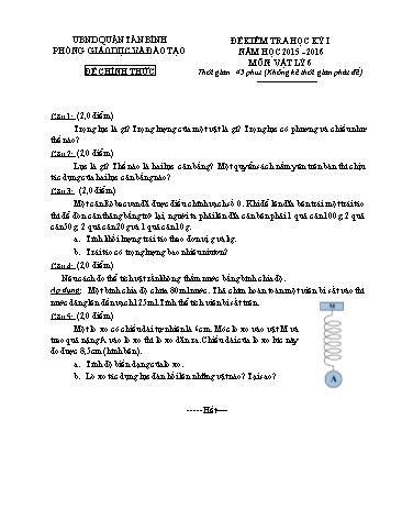 Đề kiểm tra học kỳ I môn Vật lý 6 - Năm học 2015-2016 - Phòng GD&ĐT Tân Bình (Có đáp án)
