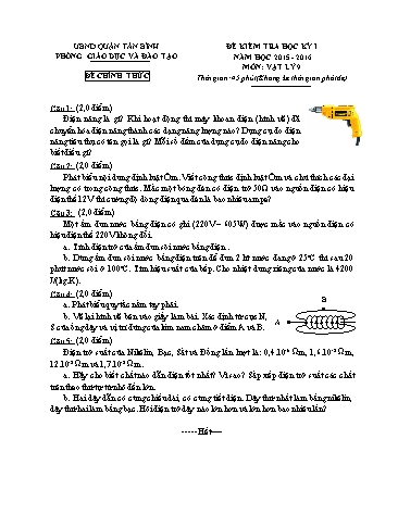 Đề kiểm tra học kỳ I môn Vật lý 9 - Năm học 2015-2016 - Phòng GD&ĐT Tân Bình (Có đáp án)
