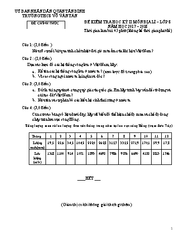 Đề kiểm tra học kỳ II môn Địa lí Lớp 8 - Năm học 2017-2018 - Trường THCS Võ Văn Tần (Có đáp án)