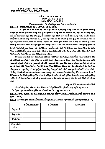 Đề kiểm tra học kỳ II môn Địa lý Lớp 8 - Năm học 2017-2018 - Trường THCS Phạm Ngọc Thạch (Có đáp án)