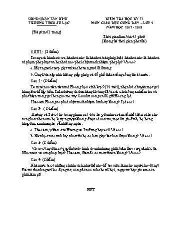 Đề kiểm tra học kỳ II môn Giáo dục công dân Lớp 9 - Năm học 2017-2018 - Trường THCS Âu Lạc (Có đáp án)