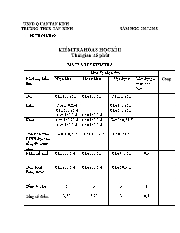 Đề kiểm tra học kỳ II môn Hóa học Lớp 8 - Năm học 2017-2018 - Trường THCS Tân Bình (Có đáp án)