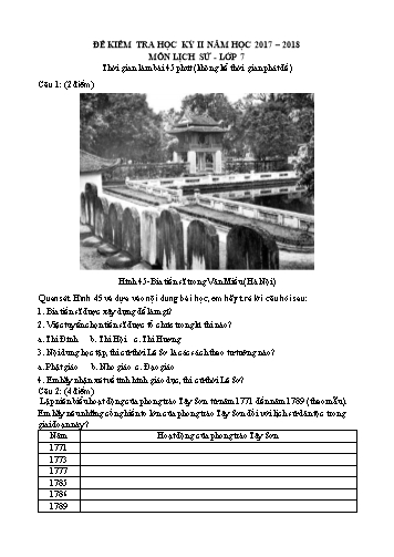 Đề kiểm tra học kỳ II môn Lịch sử Lớp 7 - Năm học 2017-2018 (Có đáp án)
