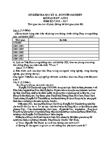 Đề kiểm tra học kỳ II môn Lịch sử Lớp 8 - Năm học 2016-2017 - Trường THCS Nguyễn Gia Thiều (Có đáp án)