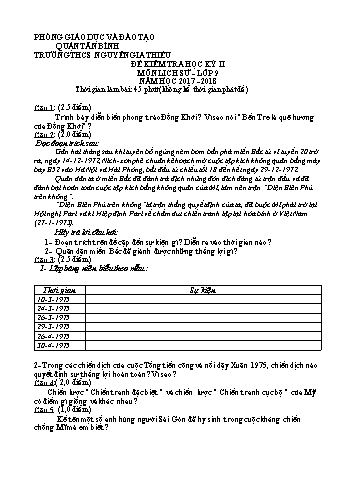 Đề kiểm tra học kỳ II môn Lịch sử Lớp 9 - Năm học 2017-2018 - Trường THCS Nguyễn Gia Thiều (Có đáp án)