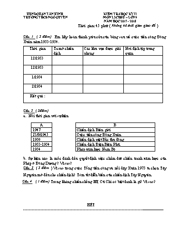 Đề kiểm tra học kỳ II môn Lịch sử Lớp 9 - Năm học 2017-2018 - Trường THCS Ngô Quyền (Có đáp án)
