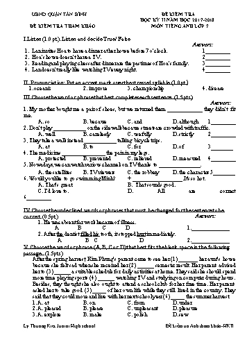 Đề kiểm tra học kỳ II môn Tiếng Anh 7 - Năm học 2017-2018 - Trường THCS Lý Thường Kiệt (Có đáp án)