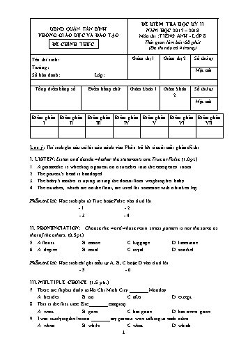Đề kiểm tra học kỳ II môn Tiếng Anh 8 - Năm học 2017-2018 - Phòng GD&ĐT Tân Bình