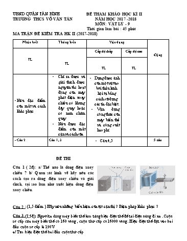 Đề tham khảo học kì II môn Vật lý 9 - Năm học 2017-2018 - Trường THCS Võ Văn Tần (Có đáp án)
