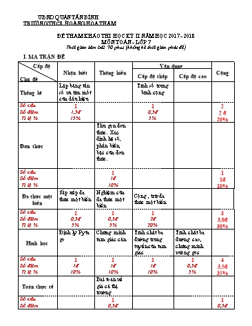 Đề tham khảo thi học kỳ II môn Toán Lớp 7 - Năm học 2017-2018 - Trường THCS Hoàng Hoa Thám (Có đáp án)