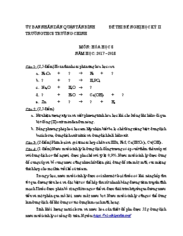 Đề thi học kỳ II môn Hóa học 8 - Năm học 2017-2018 - Trường THCS Trường Chinh (Có đáp án)