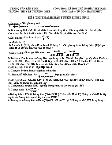 Đề thi tham khảo tuyển sinh Lớp 10 - Đề 1 - Năm học 2017-2018 - Trường THCS Lý Thường Kiệt (Có đáp án)