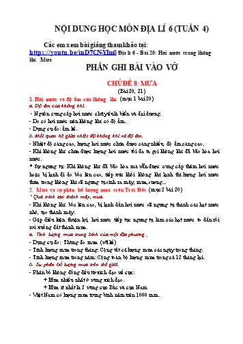 Kế hoạch bài dạy Địa lí 6 - Bài 20: Hơi nước trong không khí. Mưa