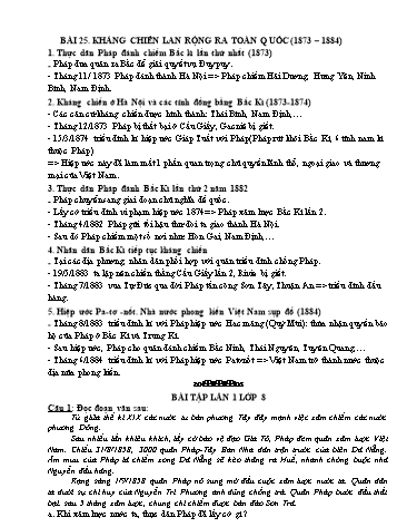 Ôn tập kiến thức Lịch sử Khối 8 - Bài 25 (Tiếp): Kháng chiến lan rộng ra toàn quốc (1873-1884)