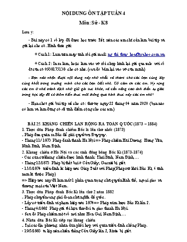 Ôn tập kiến thức Lịch sử Khối 8 - Tuần 4, Bài 25: Kháng chiến lan rộng ra toàn quốc (1873-1884)